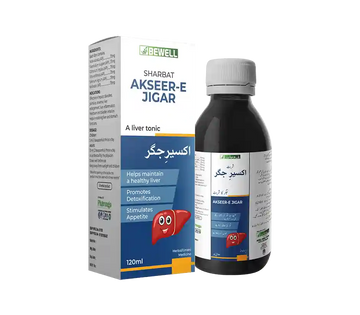 Bottle and box of Sharbat Akseer-E Jigar with BEWELL branding on a white background