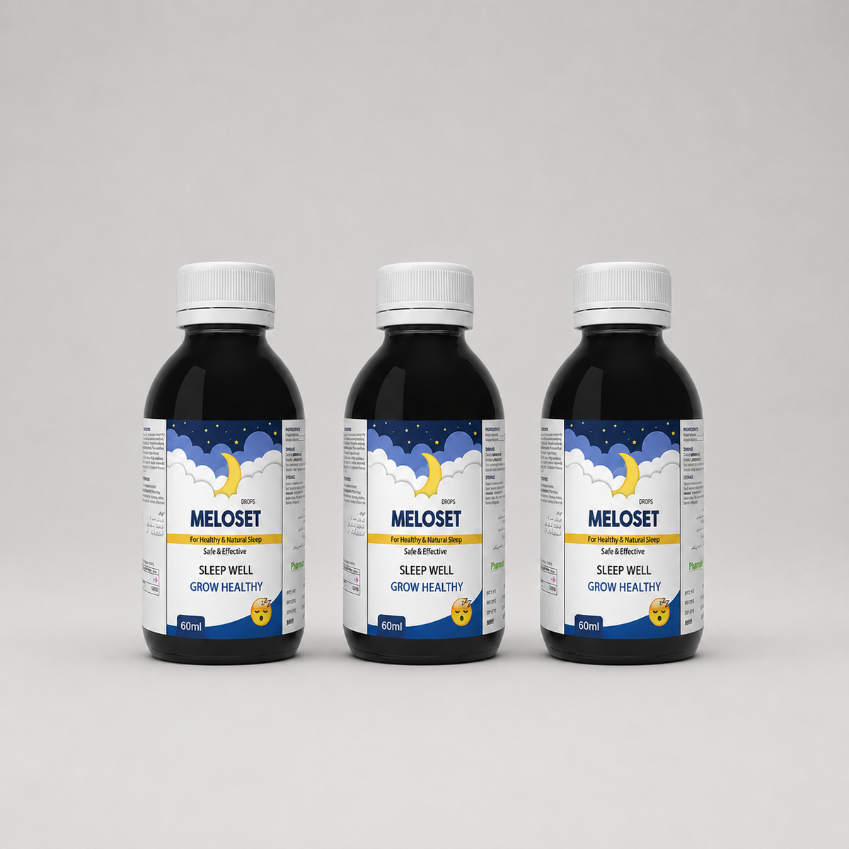Pharmigrow Meloset Drops sleep support supplement in a pack of three, featuring small amber bottles with dropper caps.