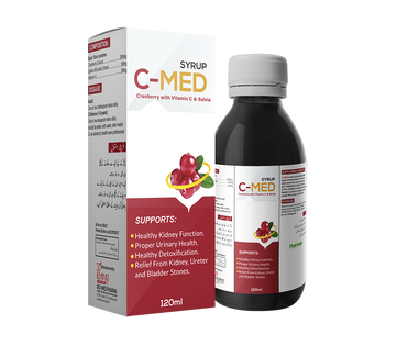 C-MED syrup bottle and packaging on a white background