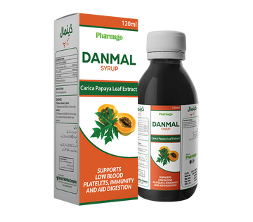 Danmal syrup bottle and packaging on a white background