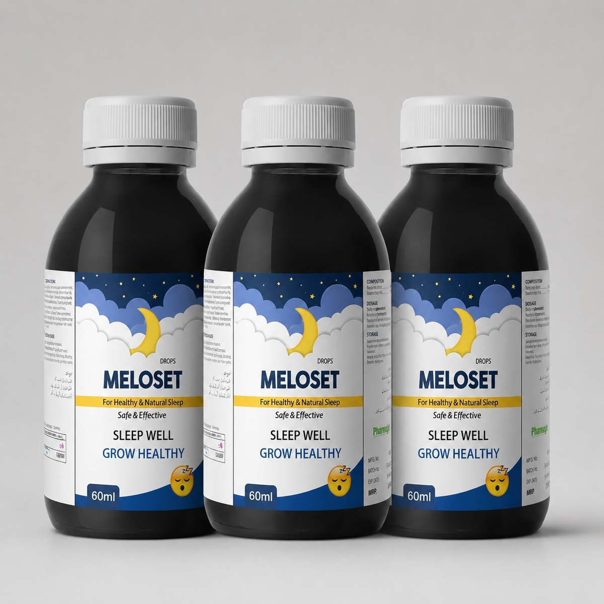 Pharmigrow Meloset Drops sleep support supplement in a pack of three, featuring small dropper bottles with labels and white caps.