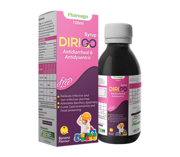 Pharmgo Dirigo syrup packaging with bottle on a white background