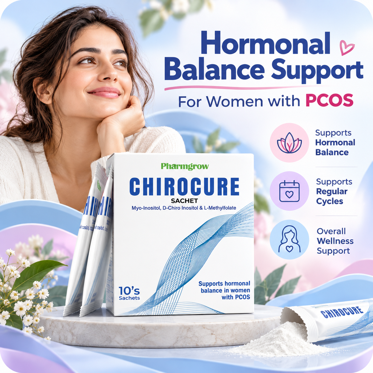 Pharmigrow Chirocure PCOS sachet, a health supplement packet designed for PCOS management with natural ingredients.