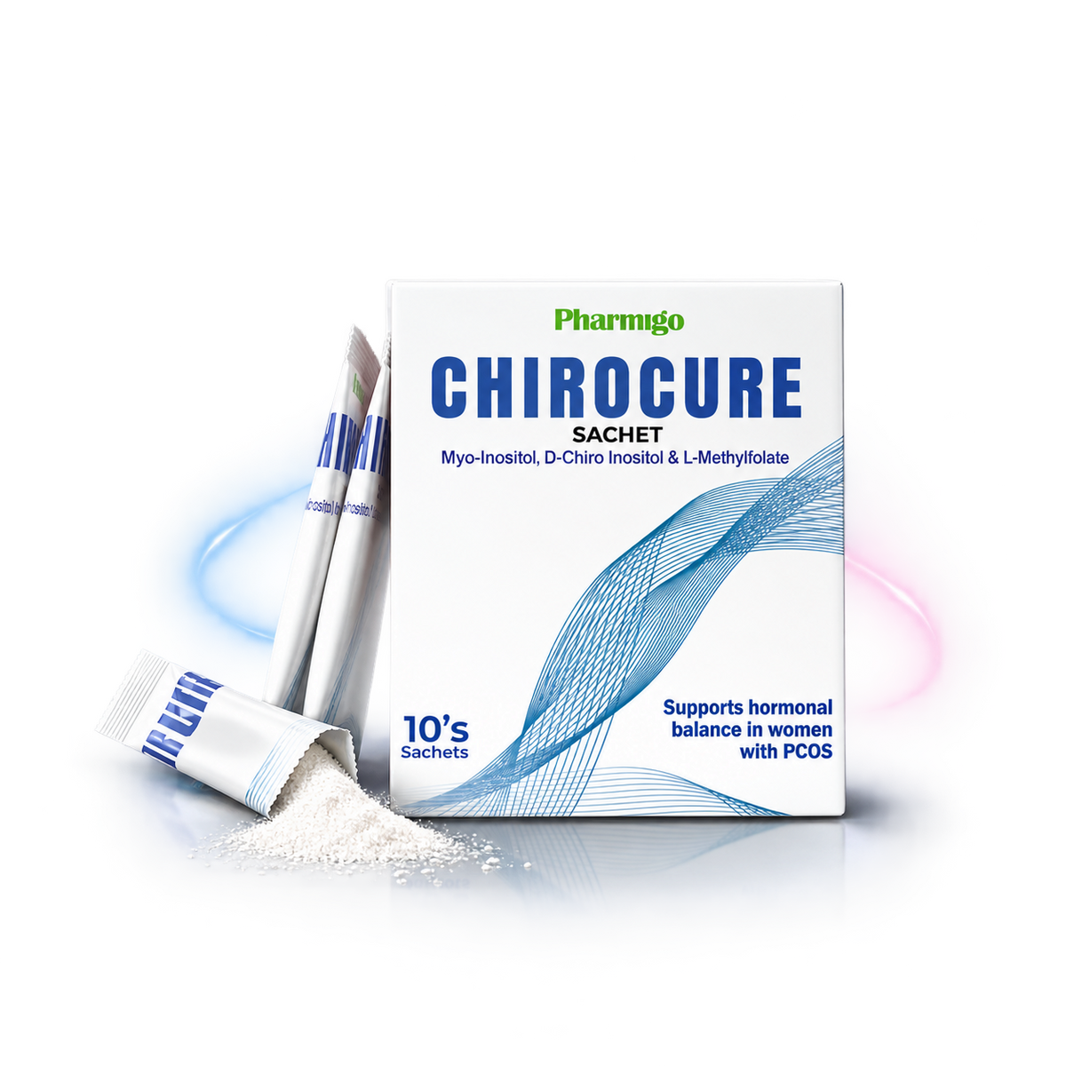 Pharmigrow Chirocure Sachet for PCOS management, showing the colorful sachet packaging with product details.