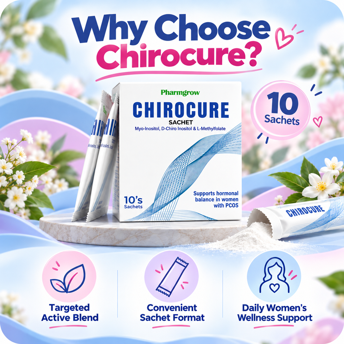 Pharmigrow Chirocure Sachet for PCOS management, showing the product packaging with sachet and label details.