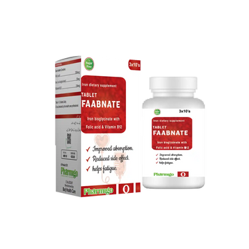 FAABNATE iron dietary supplement packaging including bottle and box on a white background