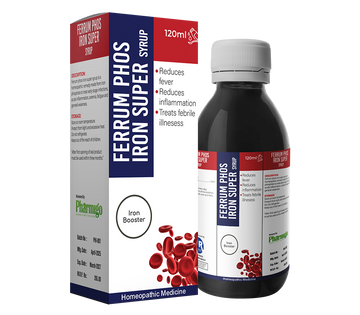 Ferrum Phos Iron Super syrup packaging with bottle on a white background
