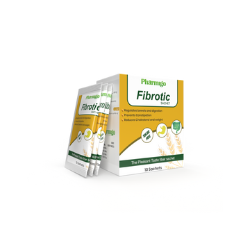 Pharmigrow fibrotic sachet showing a sealed white packet with product branding and label details on a white background.