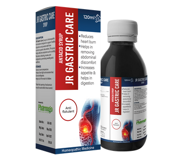 JR Gastric Care syrup bottle and packaging on a white background