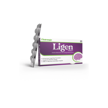 Ligen supplement packaging with tablets on a white background