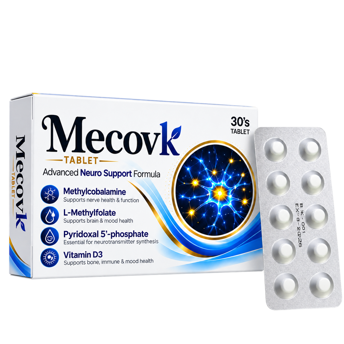 Mecovk Tablet 30-tablet carton and silver blister with round white tablets