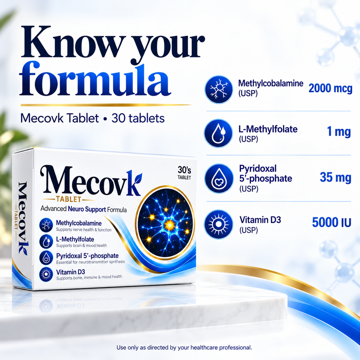 Mecovk formula: Methylcobalamine USP 2000 mcg, L-Methylfolate USP 1 mg, Pyridoxal 5'-phosphate USP 35 mg, Vitamin D3 USP 5000 IU