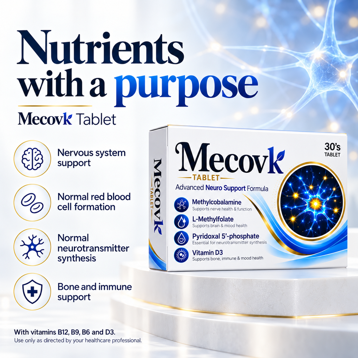 Mecovk nutrients support normal nervous system function, red blood cell formation, neurotransmitter synthesis, bone and immune function