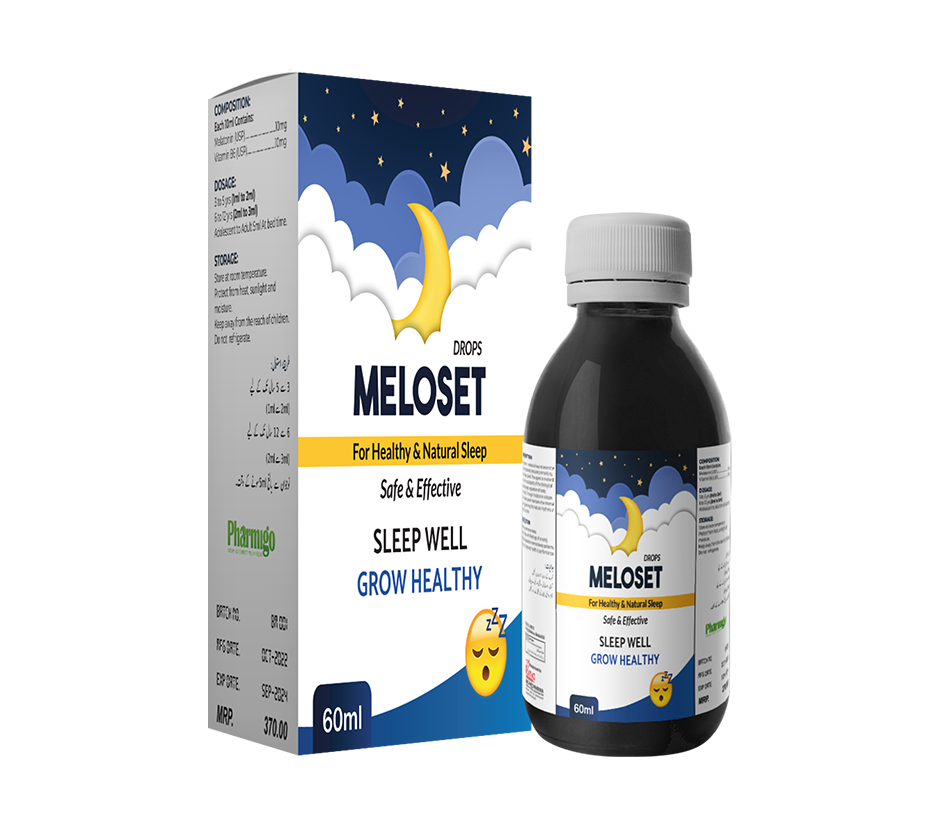 Meloset Drops bottle and box containing melatonin and vitamin B6
