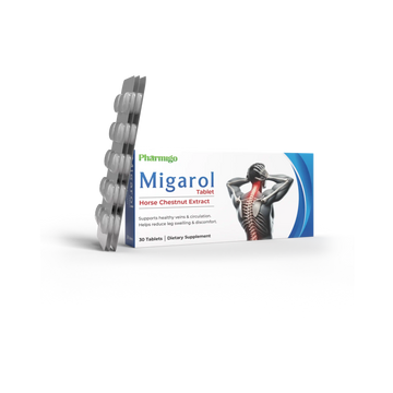 Migranol horse chestnut extract packaging with a stack of tablets on a white background