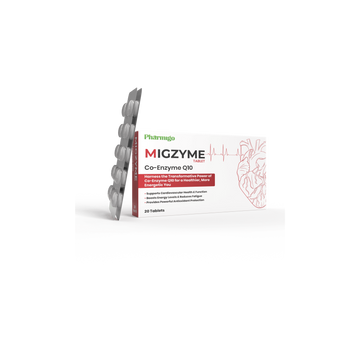 Migzyme Co-Enzyme Q10 supplement packaging on a white background