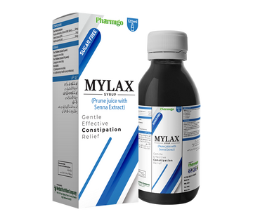MYLAX syrup bottle and packaging on a white background