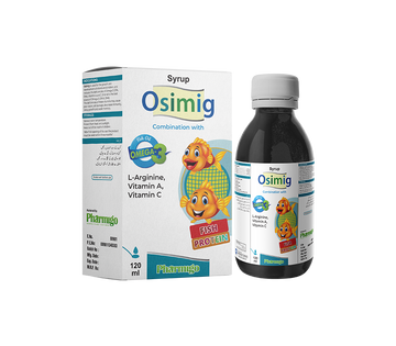 Osimig syrup packaging with bottle and box on a white background