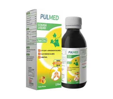 Pulmed cough liquid bottle and packaging on a white background