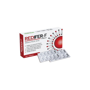 Redifer-F iron and folic acid supplement packaging with tablets on a white background