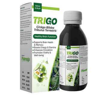 TRIGO Ginkgo Biloba Tribulus Terrestris syrup bottle and packaging on a white background