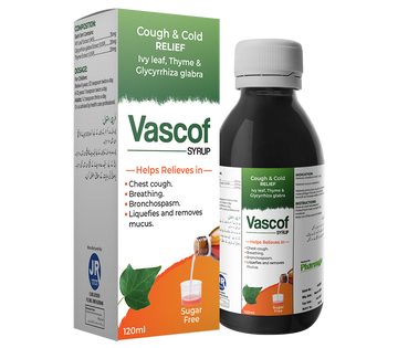 Vascof syrup bottle and packaging on a white background