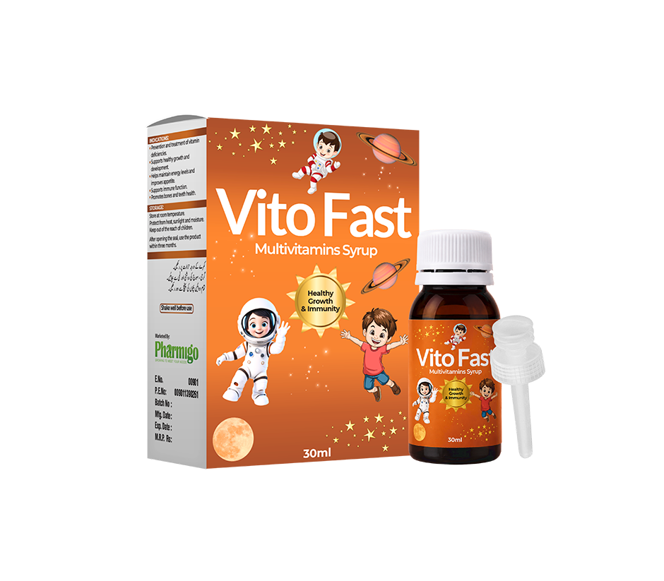 Vito Fast Kids Multivitamin Syrup by Pharmigrow, showing the colorful bottle with a child-friendly label.