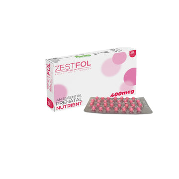 Zestfol prenatal supplement packaging with pink capsules on a white background